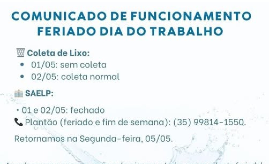 Comunicado dias de funcionamento SAELP