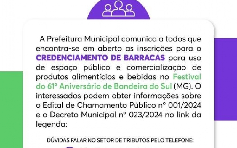 A Prefeitura Municipal de Bandeira do Sul (MG), abre as portas para empreendedores e comerciantes interessados em partic